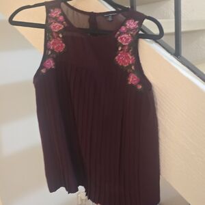 Sleeveless Burgundy Pleated Camisole with Pink Floral Embroidery